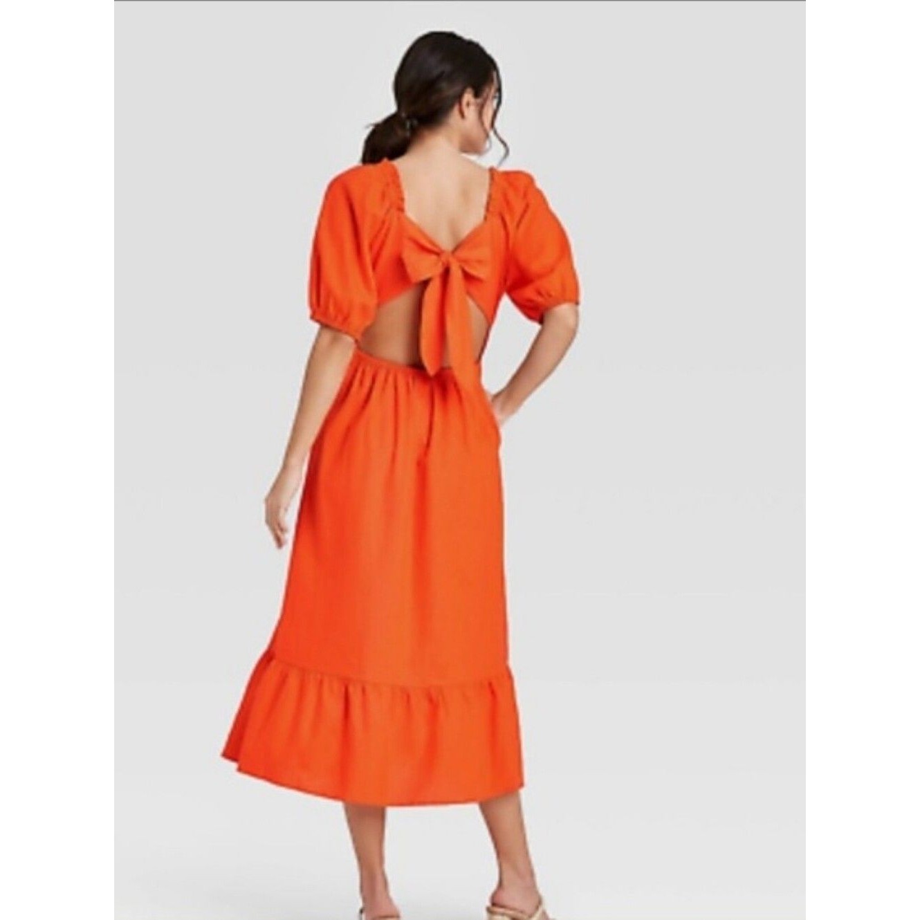 Women's Midi Dress Puff-Sleeve Backless Orange - Who What Wear — image 3 of 8